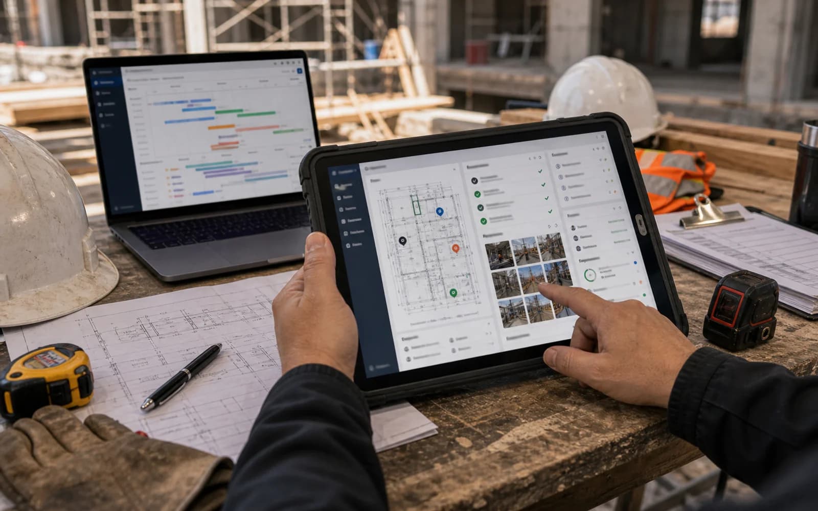 Software de avance y aprobacion de obra abierto en tablet y notebook