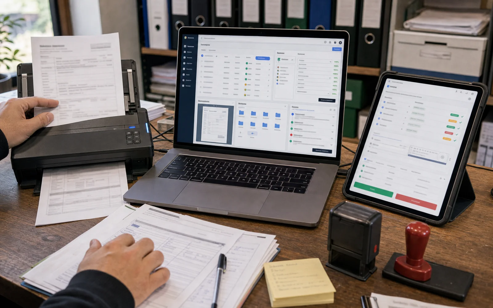 Plataforma de digitalizacion documental con escaner, notebook y tablet