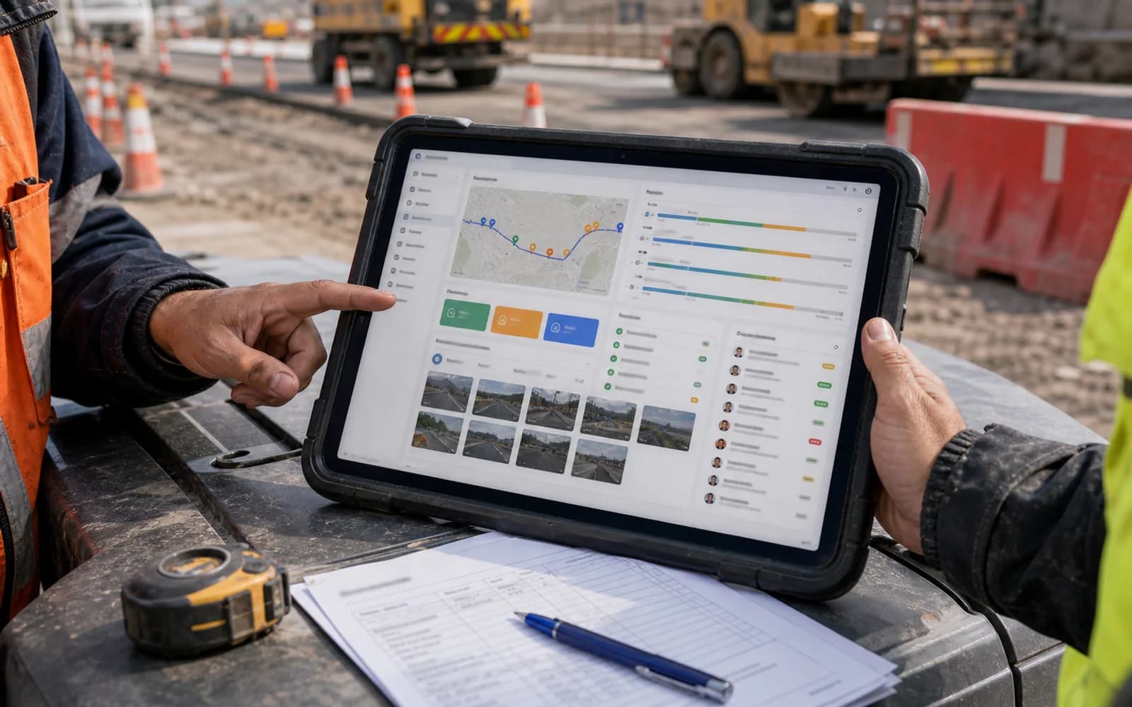 Aplicacion de control vial con mapa, avances y evidencia en tablet